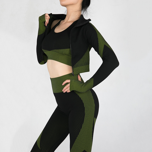 Women's Workout Outfit 3 Pieces Set Tracksuit Yoga Leggings and Stretch Sports Bra Gym Clothes Set